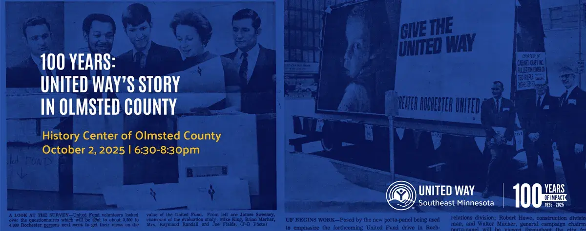Blue banner with historic United Way newspaper clippings. White text reads: 100 Years of Impact: United Way's Story in Southeast Minnesota.