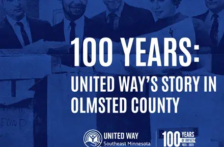 Blue graphic with historic United Way newspaper clippings. White text reads: 100 Years of Impact: United Way's Story in Southeast Minnesota.